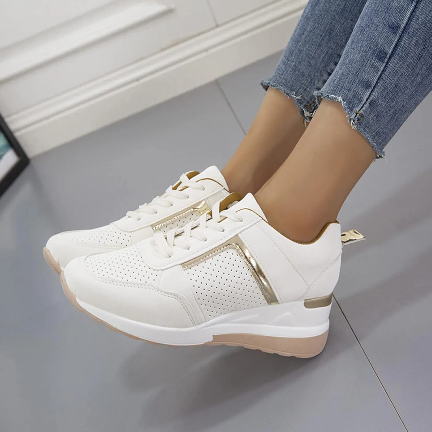 Women's Wedge Mesh Breathable Sports Shoes Round Head Sneakers Lace up Womens Fashion Shoes Lightweight Casual Breathable Sport Shoe with Arch Support