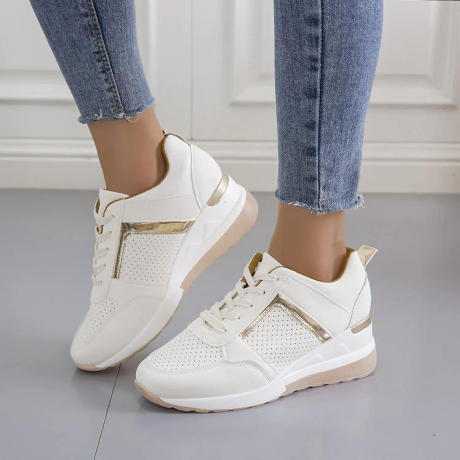 Women's Wedge Mesh Breathable Sports Shoes Round Head Sneakers Lace up Womens Fashion Shoes Lightweight Casual Breathable Sport Shoe with Arch Support