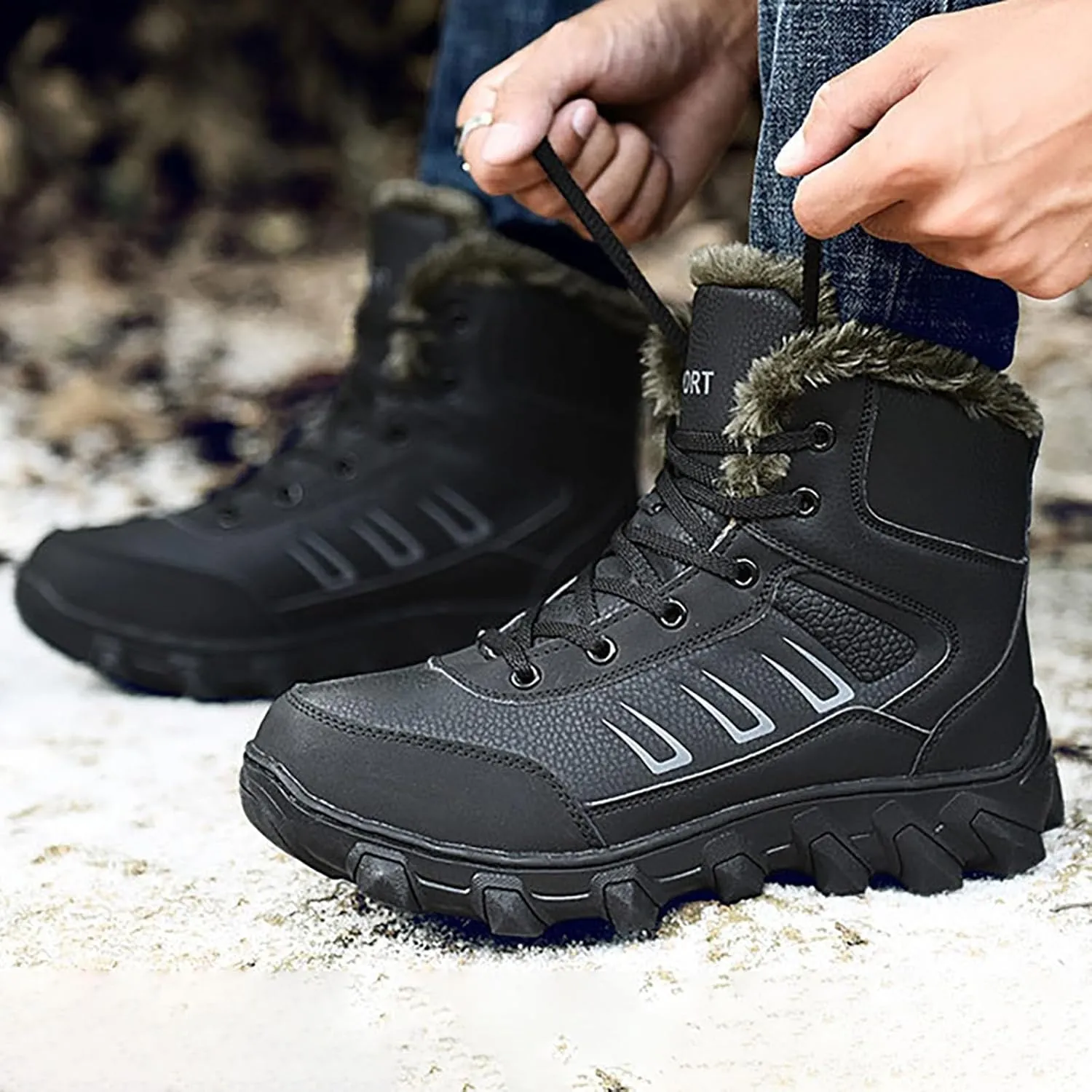 Work Boots for Men Steel Toe Hiking Sneakers Zip Up Fur Lined Workout Shoes for Women Composite Toe Slip On Platform Shoes Lightweight Comfortable Hike Grounded Footwear