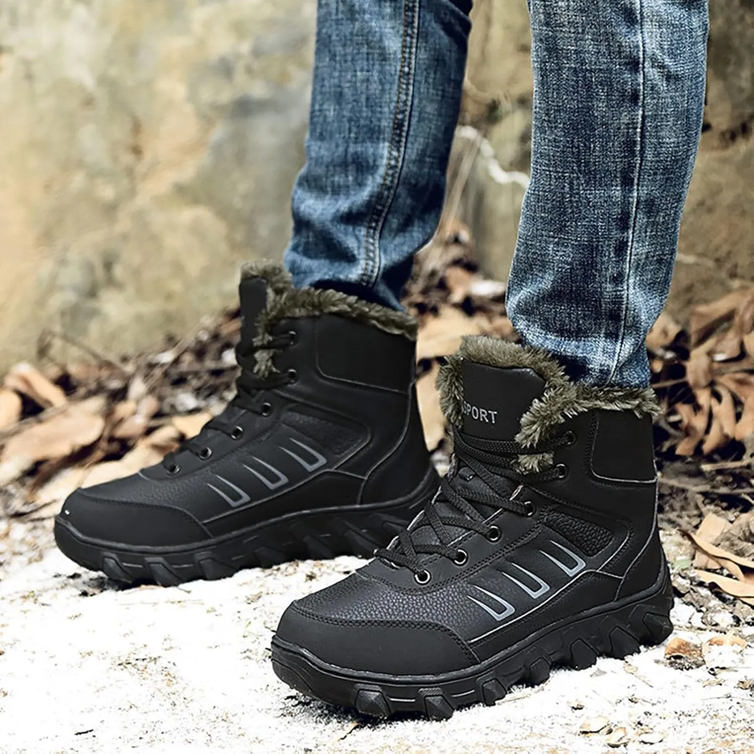 Work Boots for Men Steel Toe Hiking Sneakers Zip Up Fur Lined Workout Shoes for Women Composite Toe Slip On Platform Shoes Lightweight Comfortable Hike Grounded Footwear
