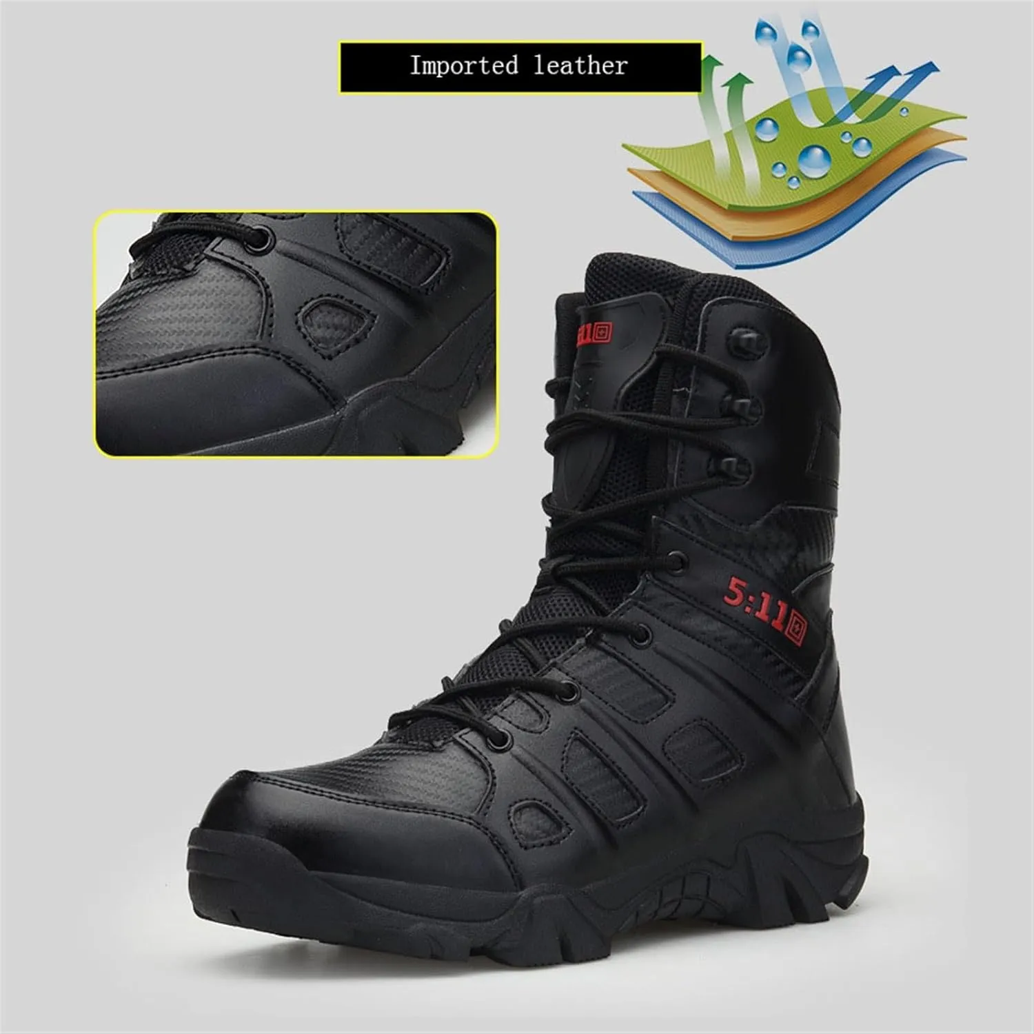Wygwlg Mens Tactical Military Boots, Men Outdoor Plus Size Side Zipper High Top Combat Boots, Leather Breathable Waterproof Lace up Hiking Boots, for Work, Security, Motorcycle