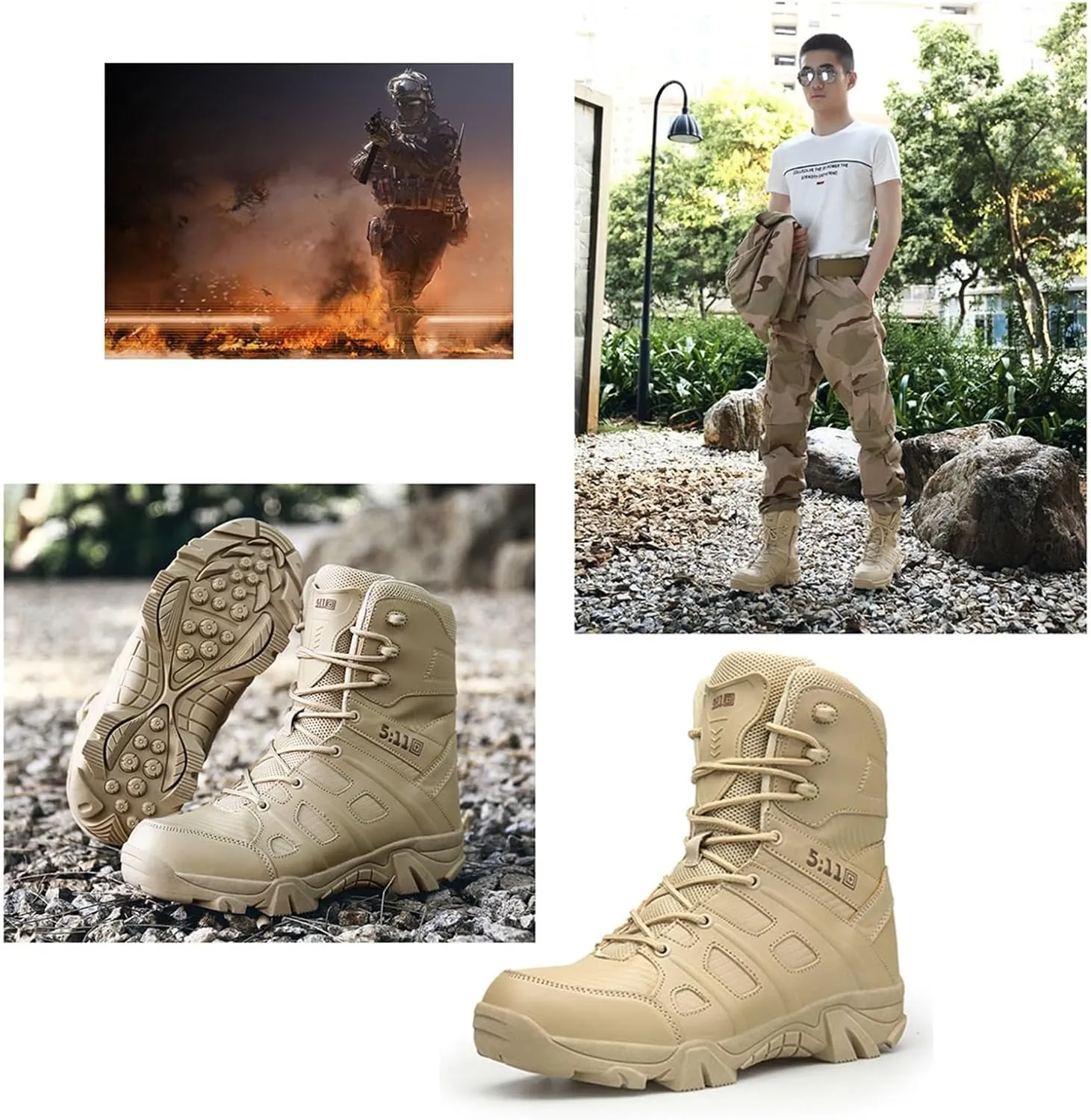 Wygwlg Mens Tactical Military Boots, Men Outdoor Plus Size Side Zipper High Top Combat Boots, Leather Breathable Waterproof Lace up Hiking Boots, for Work, Security, Motorcycle